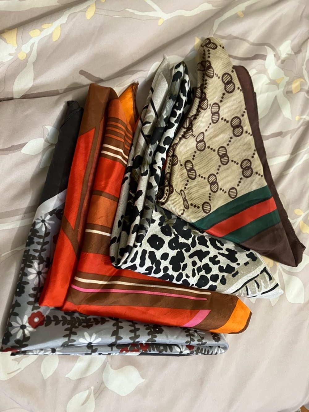 Vintage Assorted Patterned Scarves - Brown, Orange, Black, Cream